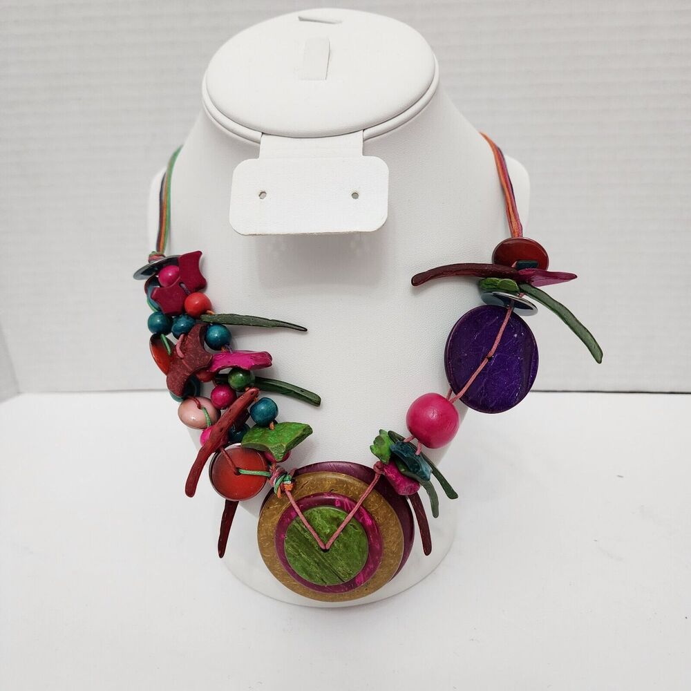 Handcrafted African Coconut Wood Necklace Beaded Multicolor Vibrant Colorful New
